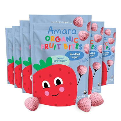 Amara Organic Fruit Bites Sweet Strawberry - No Added Sugar, Dairy-Free, Nut-Free Organic Fruit Snacks, Made with Organic Whole Foods, Allergy-Friendly Healthy Fruit Snacks for Kids - 21g 6PK