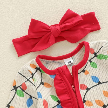 Baby Girl Boy Christmas Outfit Long Sleeve Lights Zipper Footie Romper Cute Newborn Infant Waffle Jumpsuit