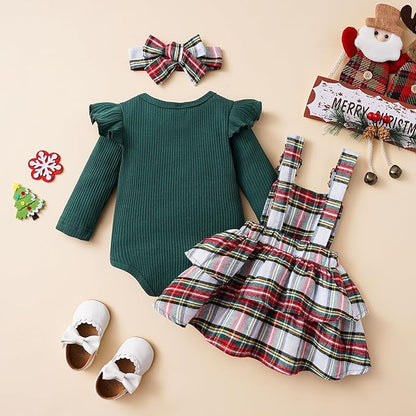Hnyenmcko Newborn Baby Girl Christmas Clothes Infant Red Plaid Romper Dress Ruffle Long Sleeve Ribbed Bodysuit Headband Set