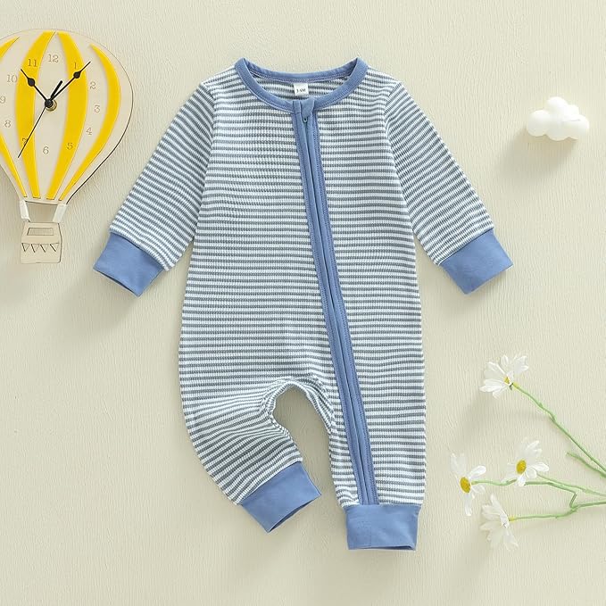 Karuedoo Newborn Infant Baby Boy Clothes Striped Waffle Long Sleeve Zipper Romper Jumpsuit One-Piece Fall Winter Outfit