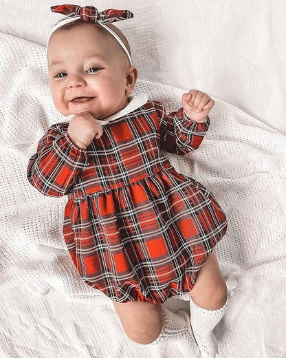 Hnyenmcko Newborn Baby Girl Christmas Clothes Infant Red Plaid Romper Dress Ruffle Long Sleeve Ribbed Bodysuit Headband Set