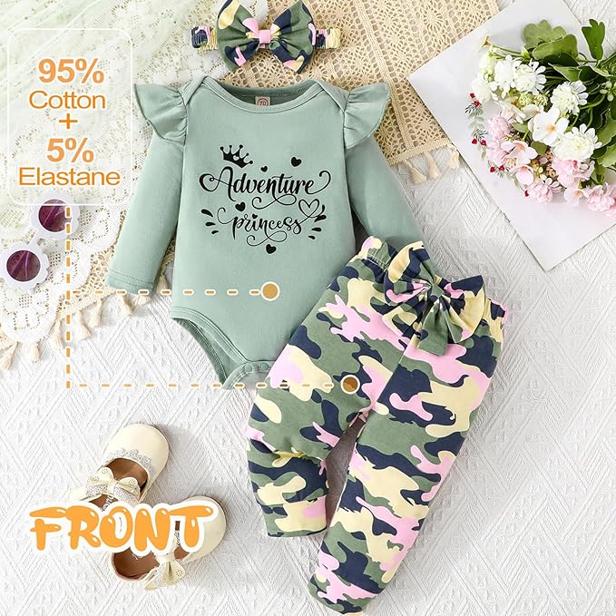 GDTOGRT Newborn Baby Girl Clothes Outfit Set Sweet Ruffle Romper, Pants and Headband 0 3 6 9 12 18 Months Infant Clothing
