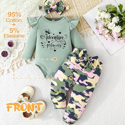 GDTOGRT Newborn Baby Girl Clothes Outfit Set Sweet Ruffle Romper, Pants and Headband 0 3 6 9 12 18 Months Infant Clothing