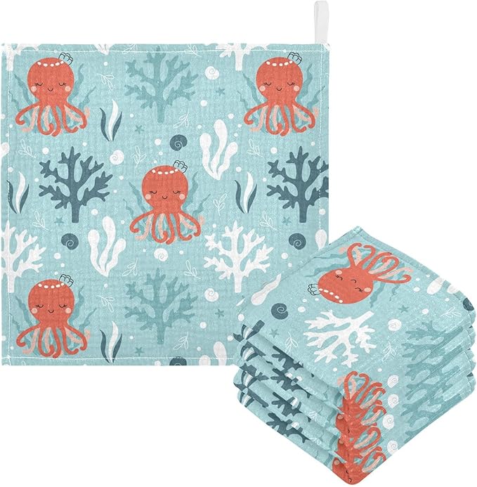 vvfelixl Octopus Swimming Underwater Baby Burp Cloths Baby Muslin Washcloths for Boys Girls Cotton Baby Face Towel for Newborn Infants Soft and Absorbent 11.8 X 11.8 in, 5 Pack