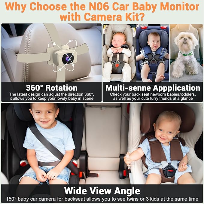 Rohent Car Baby Monitor with Camera - 1080P HD, 360° Adjustable, Night Vision, 150° Wide-Angle Lens, Easy Installation, Perfect Match for Beige Car Interiors, Ideal for Parents & Families