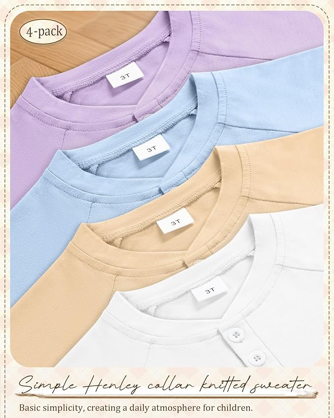 4 Pack Boys' Long Sleeve Shirts Girls' Henley Tees Toddler Baby Knit Casual Tops Kids Fall Clothes Unisex