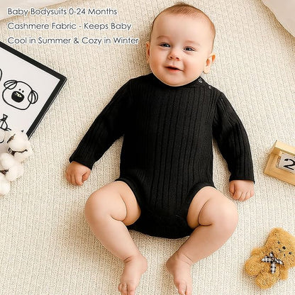 DEFAHN Baby Turtleneck Bodysuit Long Sleeve Boy Girl Ribbed Knit Jumpsuit Outfit 2 Pack Baby Solid Onsies 0-24 Months