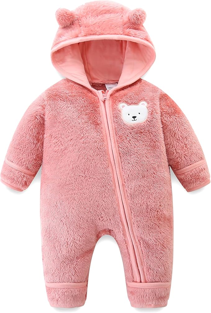 Newborn Baby Fleece Jumpsuit Unisex Infant Bear Hooded Onesie with Mitten Cuffs Winter Warm Snowsuit Outfit