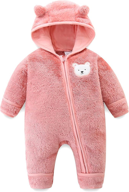 Newborn Baby Fleece Jumpsuit Unisex Infant Bear Hooded Onesie with Mitten Cuffs Winter Warm Snowsuit Outfit