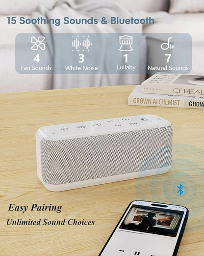 White Noise Sound Machine with Bluetooth,3000mAh Battery Powered,40H Long Lasting,Hi-Fi Audio,30/60/120m Timer,Wireless Portable Sleep Sound Machine for Adults/Baby,Type-C Rechargeable,Headphone Jack