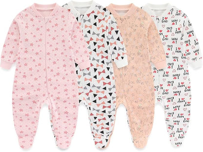 Newborn Baby One-Piece Footies Romper 2-Way Zip Cotton Bodysuit Long-Sleeve Jumsuit 4-Pack, 0-12 Months