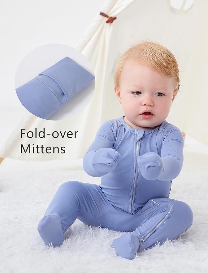 JunNeng Viscose from Bamboo Baby Sleeper,Newborn Footie Pajamas with 2 Way Zipper & Fold Over Mittens,0-12M