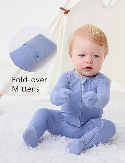 JunNeng Viscose from Bamboo Baby Sleeper,Newborn Footie Pajamas with 2 Way Zipper & Fold Over Mittens,0-12M