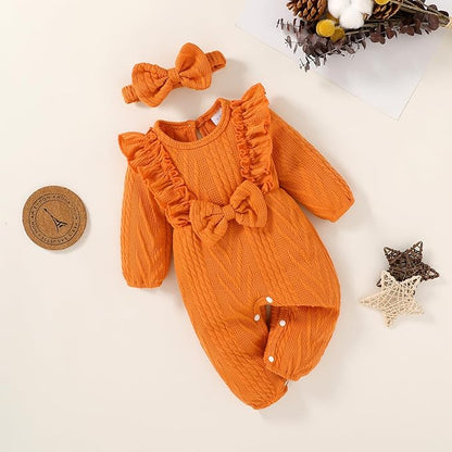Happy Town Baby Girl Romper Infant Fall Winter Clothes Ruffle Sweater Long Sleeve Bodysuit Jumpsuit and Headband