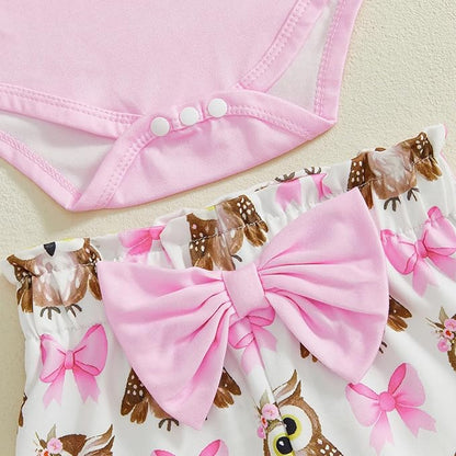 Newborn Baby Girl Clothes Owl Ruffle Long Sleeve Romper Onesie and Casual Pants Winter Spring Outfit Clothing Set