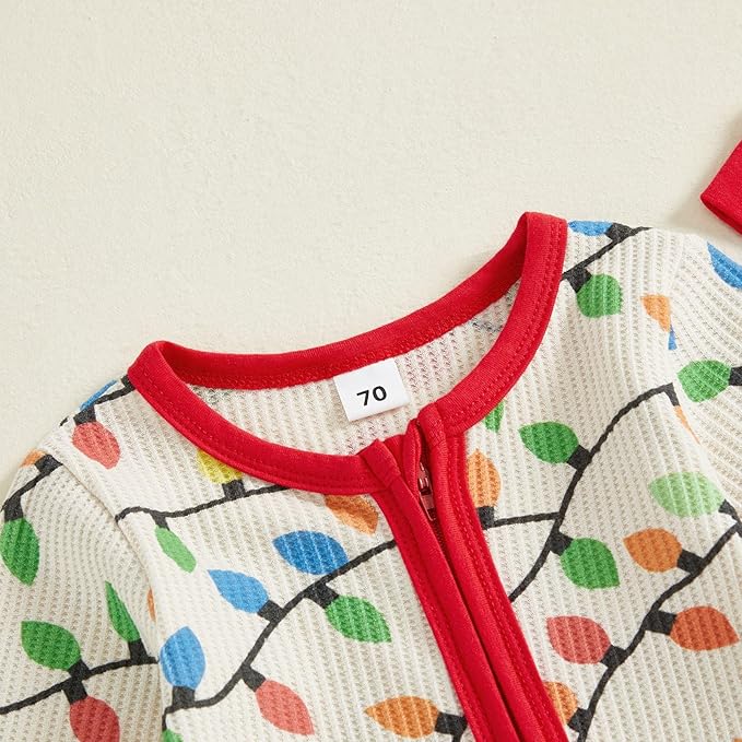 Baby Girl Boy Christmas Outfit Long Sleeve Lights Zipper Footie Romper Cute Newborn Infant Waffle Jumpsuit