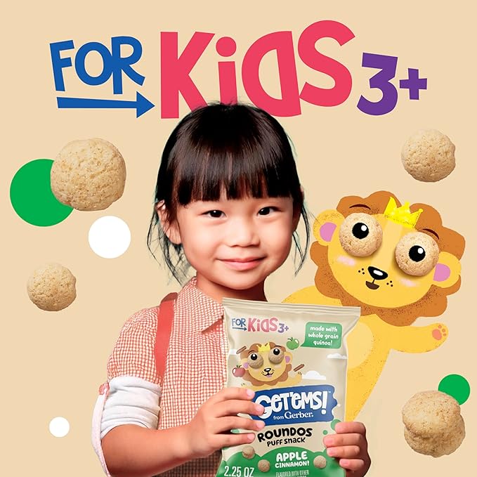 Get'ems! from Gerber, Snacks for Kids, Apple Cinnamon Roundos Puffs, Made with Whole Grain Quinoa, Calcium to Support Strong Bones - 5 pack