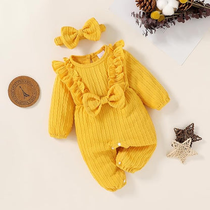 Happy Town Baby Girl Romper Infant Fall Winter Clothes Ruffle Sweater Long Sleeve Bodysuit Jumpsuit and Headband