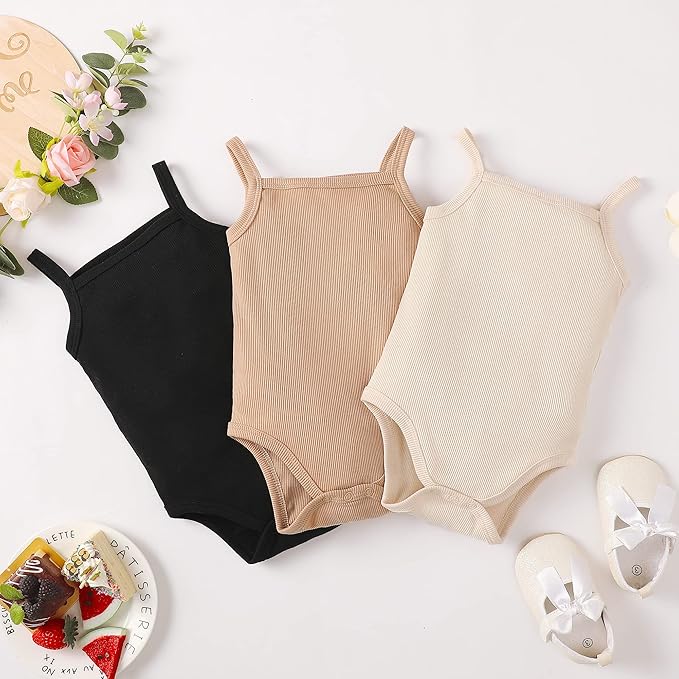 OPAWO Onsies for Baby Girls' Bodysuits 3 Pack Neutral Baby Clothes Spaghetti Strap & Long Sleeve Fall Baby Undershirt 0-2T