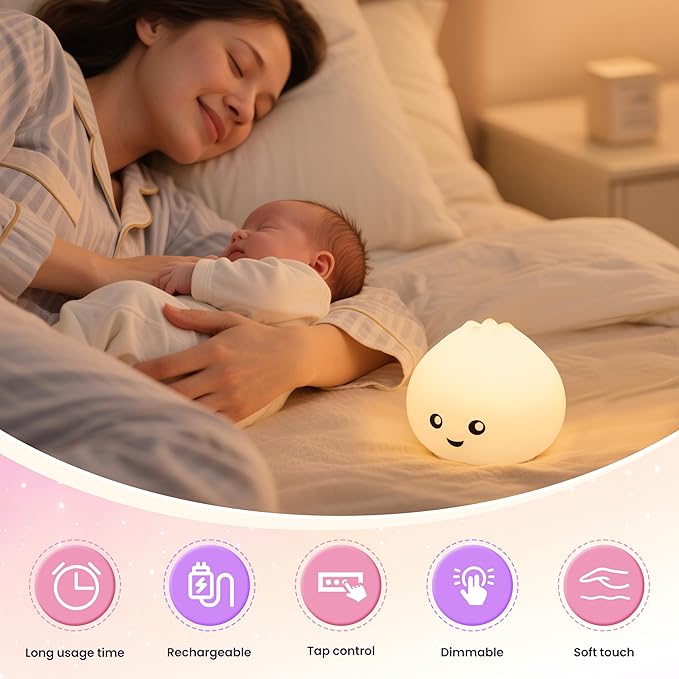 Night Light for Kids, Rechargeable Dimmable Silicone LED Nightlight with 7 Colors, Baby Nursery Night Lamp, Touch Squishy Lamp, Cute Gifts for Girls, Boys, Toddler Room Decor, Dumpling