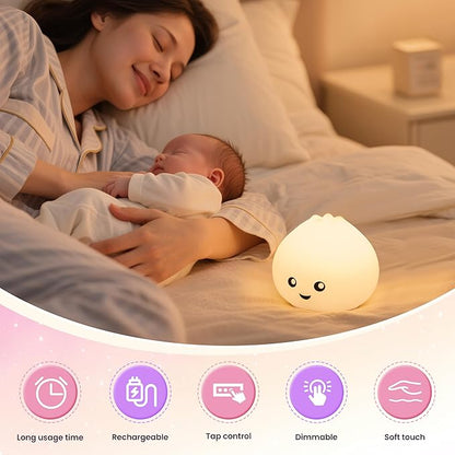 Night Light for Kids, Rechargeable Dimmable Silicone LED Nightlight with 7 Colors, Baby Nursery Night Lamp, Touch Squishy Lamp, Cute Gifts for Girls, Boys, Toddler Room Decor, Dumpling