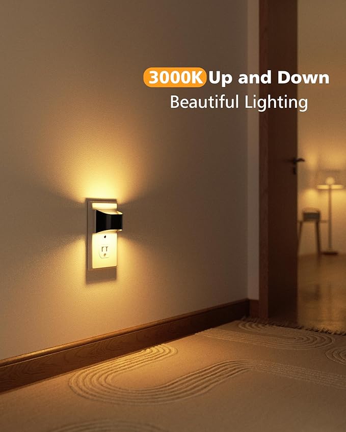 VOLISUN Night Lights Plug into Wall, 6 Pack Up and Down LED Night Light with Dusk to Dawn Light Sensor, 3000K Warm White Nightlight for Hallway, Bedroom, Bathroom, Kitchen Black