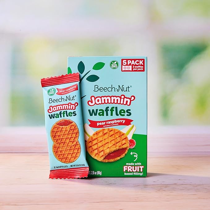 Beech-Nut Toddler Snacks Jammin' Waffles with Fruit Filling for Babies & Toddlers, Pear Raspberry, 10 Boxes (50 Individually Wrapped Packs)
