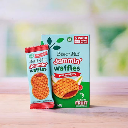 Beech-Nut Toddler Snacks Jammin' Waffles with Fruit Filling for Babies & Toddlers, Pear Raspberry, 10 Boxes (50 Individually Wrapped Packs)