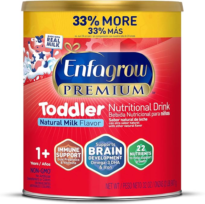 Enfagrow Premium Toddler Nutritional Drink, Made with Real Milk, Brain-Building Omega-3 DHA, Nutrients and Prebiotics for Growth & Immune Support, Non-GMO, Toddler Milk Powder, 32 Oz Can