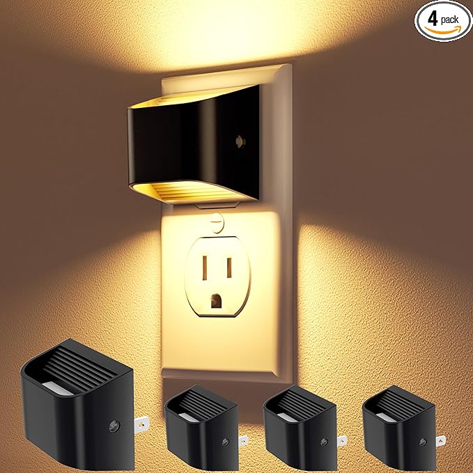 VOLISUN Night Lights Plug into Wall, 4 Pack Up and Down LED Night Light with Dusk to Dawn Light Sensor, 3000K Warm White Nightlight for Hallway, Bedroom, Bathroom, Kitchen Black