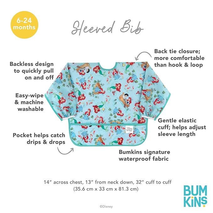 Bumkins Disney Sleeved Bib for Girl or Boy, Baby and Toddler for 6-24 Mos, Essential Must Have for Eating, Feeding, Baby Led Weaning Supplies, Long Sleeve Mess Saving Food Catcher, Soft Fabric, Ariel