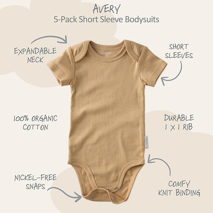 Avery 5-Pack Short Sleeve Bodysuits 100% Organic Cotton for Baby Boys & Girls