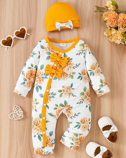 Mioglrie Newborn Baby Girl Clothes Long Sleeve Romper Infant Fall Winter Outfits Floral Hat Jumpsuit Preemie Girl Clothes