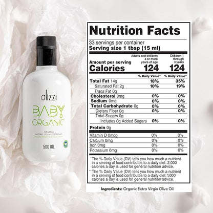 Olive Oil for Baby Food - Olizzi Baby Organic Extra Virgin Olive Oil, Cold Pressed, USDA Organic, Kosher, Delicious, Smooth, Award Winning, Polyphenol Rich, 16.9 FL OZ (500 ML)