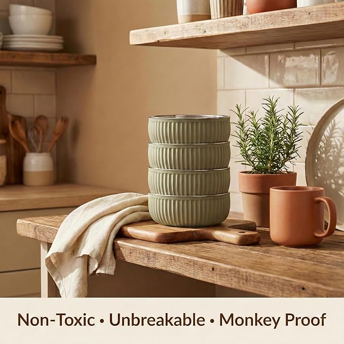 Monkey Proof™ Non-Toxic Stainless Steel Child Bowl 5” with Non-Slip Grooved Silicone Shell, (Set of 4 bowls) Unbreakable, Mess Free Feeding for Babies, Toddlers, Kids, BPA free (Olive Green Grooved)