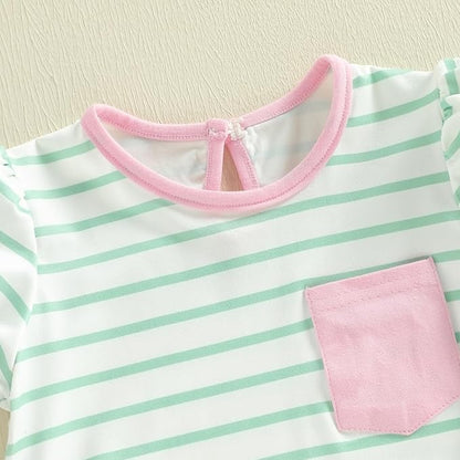 Twopumpkin Baby Girl Striped Bubble Romper Newborn Toddler Short Sleeve Ruffle Cotton Onesie Cute Summer Outfit Clothes