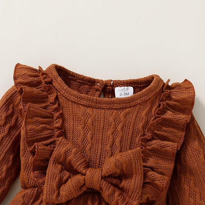 Happy Town Baby Girl Romper Infant Fall Winter Clothes Ruffle Sweater Long Sleeve Bodysuit Jumpsuit and Headband