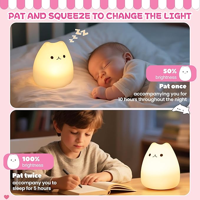 Night Light for Kids, Rechargeable Dimmable Silicone LED Nightlight with 7 Colors, Baby Nursery Night Lamp, Touch Squishy Lamp, Cute Gifts for Girls, Boys, Toddler Room Decor, Cat