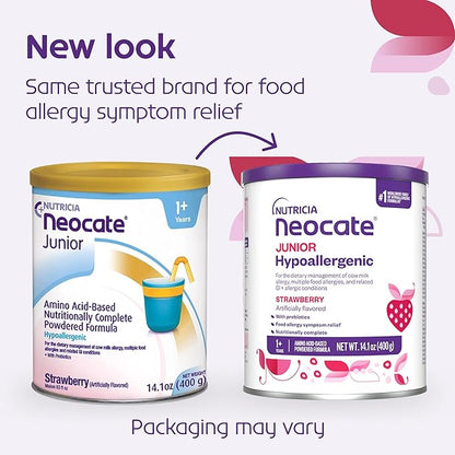 Nutricia Neocate Junior - Hypoallergenic, Dairy-free, Amino Acid-Based Formula for 1+ Years - For Toddlers, Kids & Teens - Powdered Formula - Strawberry - 14.1 oz can (Case of 1)