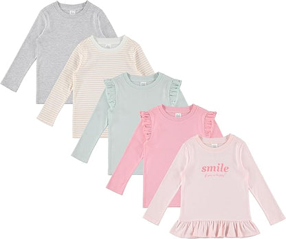 Cudlie 5-Pack Infant/Toddler Girl Long Sleeve Shirt - Basic Baby Tees, Blouses, Tops - Solid Print & Ruffled Tshirts