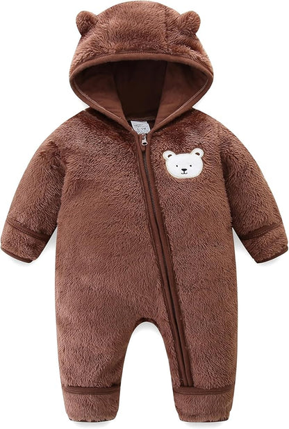 Newborn Baby Fleece Jumpsuit Unisex Infant Bear Hooded Onesie with Mitten Cuffs Winter Warm Snowsuit Outfit