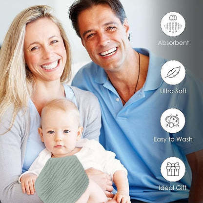 Baby Washcloths -100% Cotton Muslin Soft Baby Bath Wash Cloths and Absorbent Baby Wipes for Newborns Kids Girls and Boys - 12 Pack, 12x12 Inches - Grey, Green, Slate