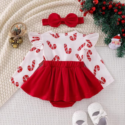 Newborn Christmas Outfit Baby Girl Plaid Romper Dress Infant Ruffle Long Sleeve Ribbed Bodysuit Headband Clothes