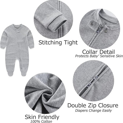 Newborn Baby Boy Girls Clothes 2-Way Zip Footed Cotton Bodysuit 3-Pack Long Sleeve Outfits 0-12Months Baby Pajamas