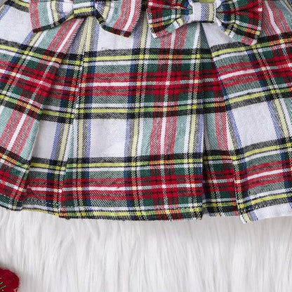 Toddler Baby Girl Plaid Dress Puff Sleeve Bow Patchwork Ribbed Shirts Dress Plaid Fall Winter Outfits with Headband