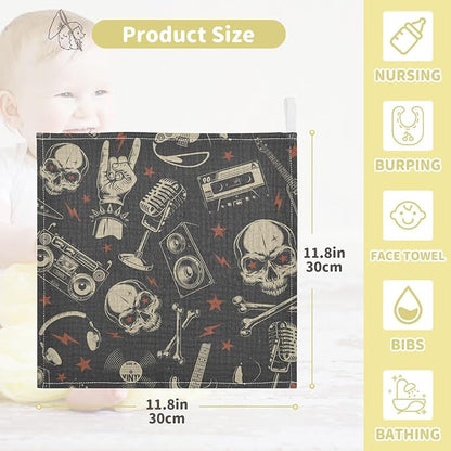 vvfelixl Baby Muslin Washcloths Rock Skulls Baby Burp Cloths Cotton Baby Face Towel for Newborn Infants Boys Girls Soft and Absorbent 11.8 X 11.8 in, 3 Pack