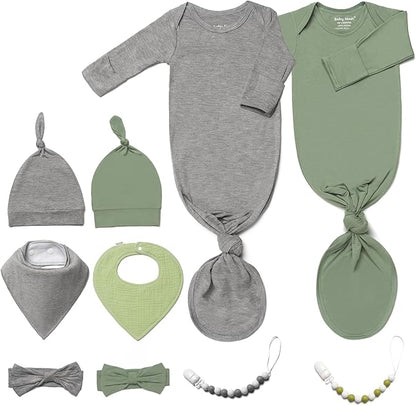 2PK Ultra Soft Knotted Newborn Sleep Gown for Baby Girls Boy- Coming Home Hospital Outfit with Hat, Bow, Clip & Drool Bib Set