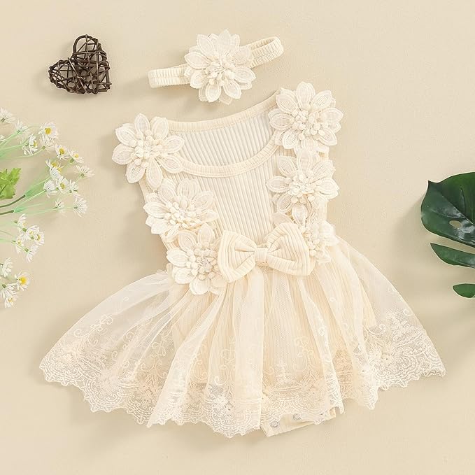 Infant Baby Girl Lace Romper Baby Tulle Dress Romper Flowers Bodysuit Spring Summer Festival Clothes with Headband