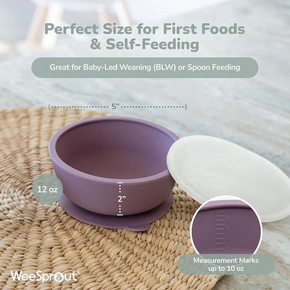 WeeSprout Suction Bowls for Baby & Toddlers (Set of 2) - 100% Silicone w/Plastic Lid - Leak Proof Feeding Supplies - Dishwasher & Microwave Safe Infant Dinnerware w/Extra Strong Base