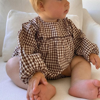 Douhoow Infant Baby Girl Plaid Romper Baby Sweatshirt Romper Ruffle Festival Clothes Fall Winter Outfits with Headband